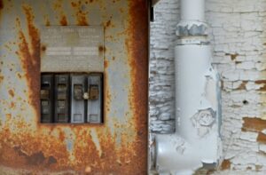 rusted electrical panel showing circuit breakers